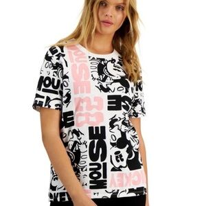 Disney Mickey Mouse Graffiti Print T-Shirt Word Blocking Graphic Tee All Over L